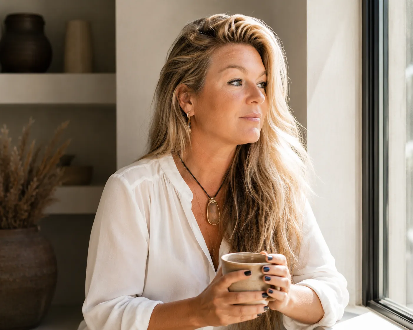 Leila Cilia looking outside while holding a warm cup
