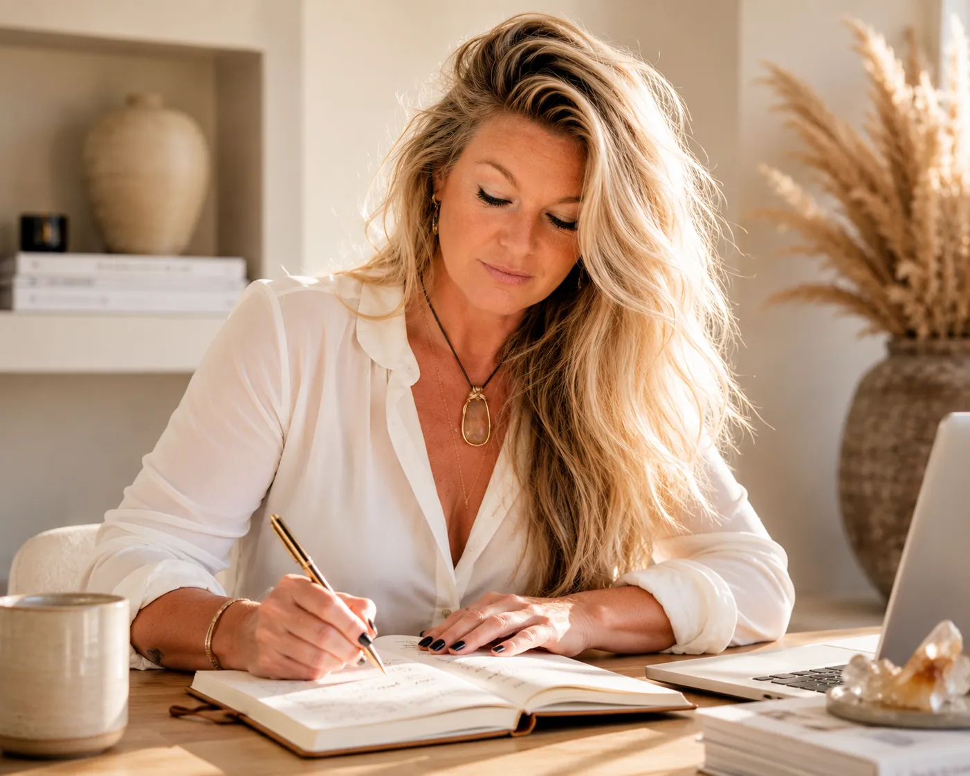 Leila Cilia writing in a notebook